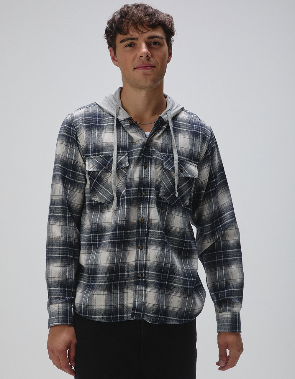 RSQ Mens Plaid Hooded Flannel - NAVY