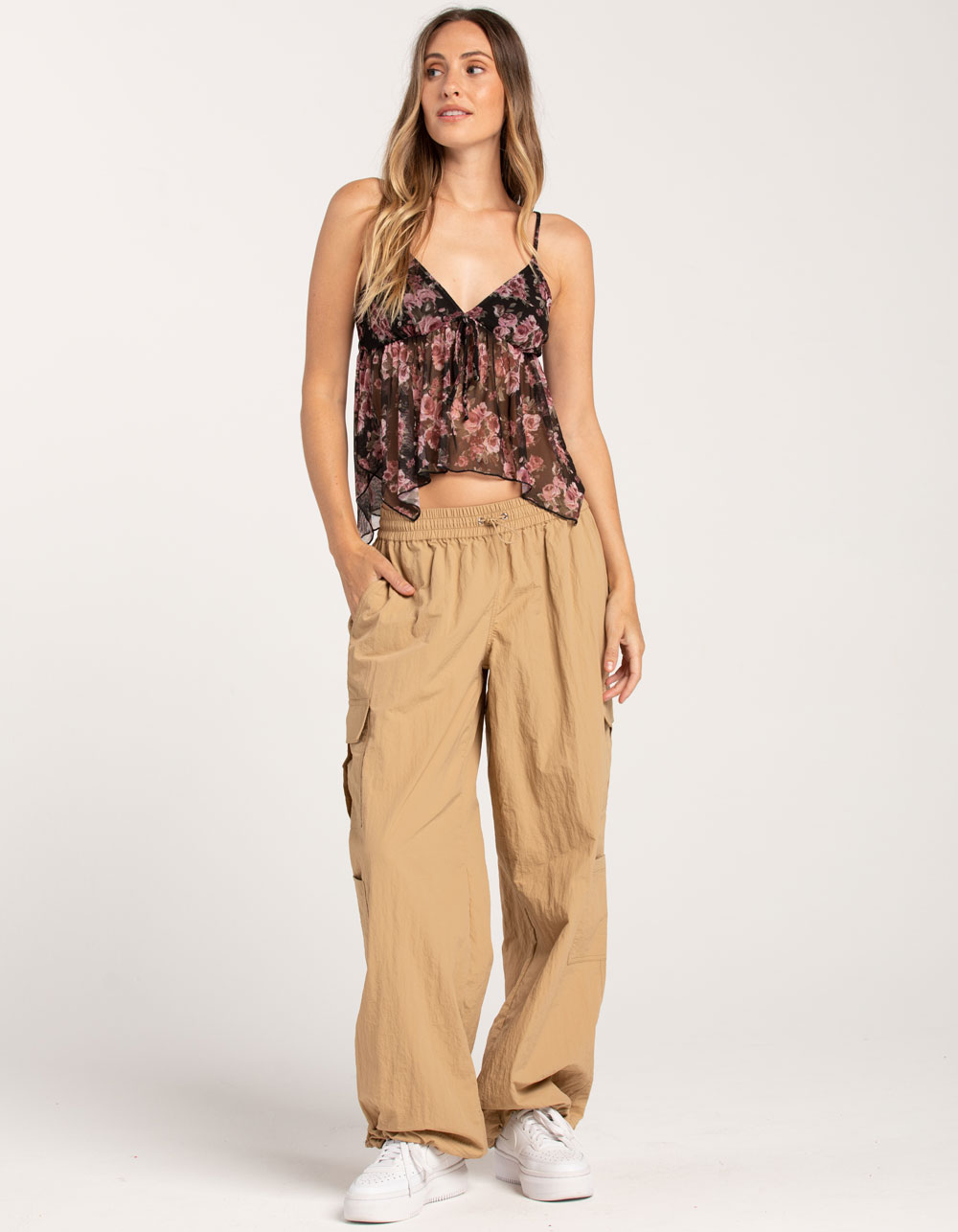 FULL TILT Low Rise Womens Parachute Cargo Pants - KHAKI