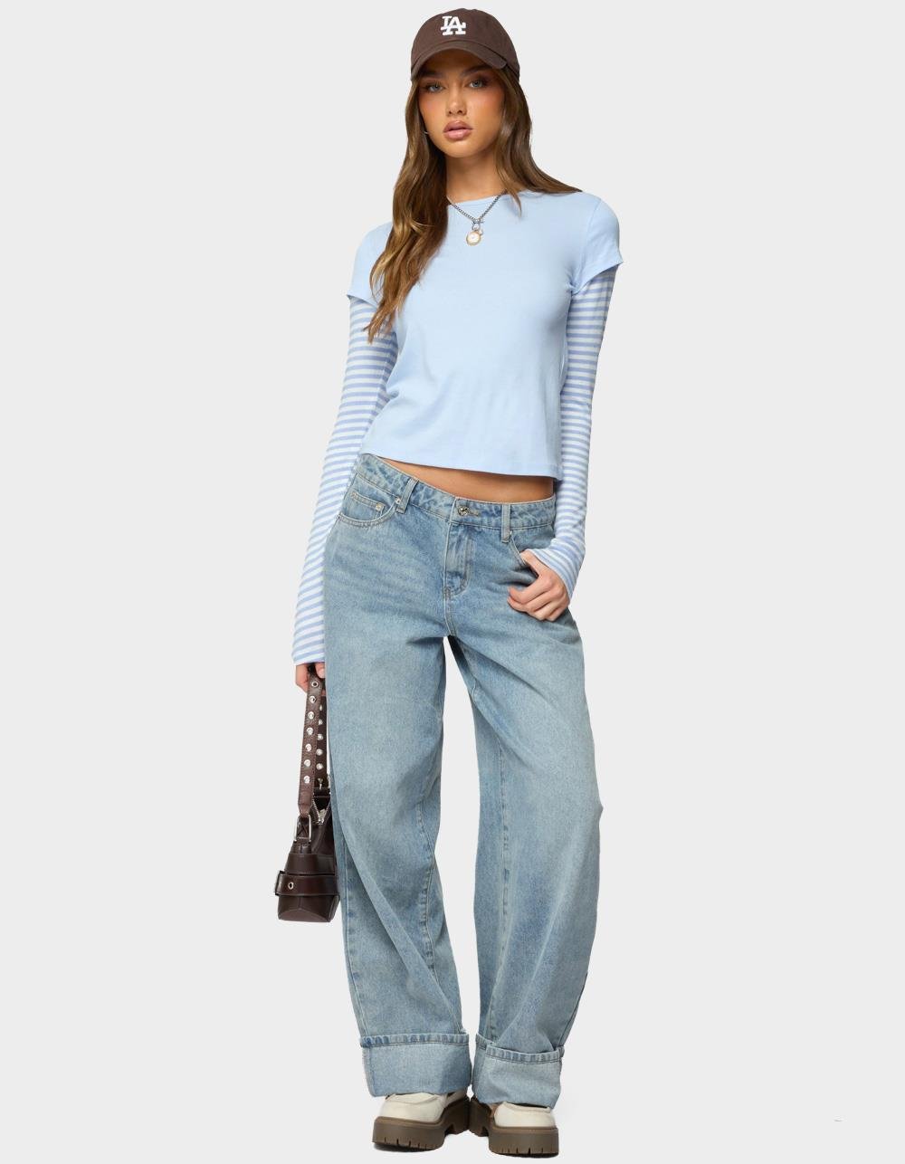 EDIKTED Stripey Layered Long Sleeve Tee - LIGHT BLUE