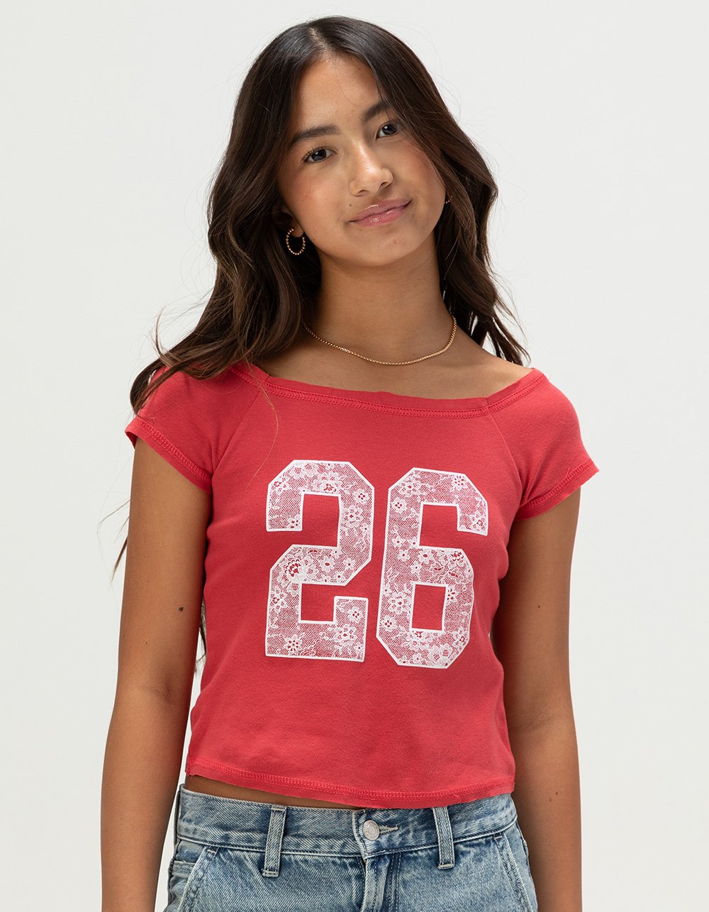 FULL TILT Lace 26 Girls Off The Shoulder Tee - RED