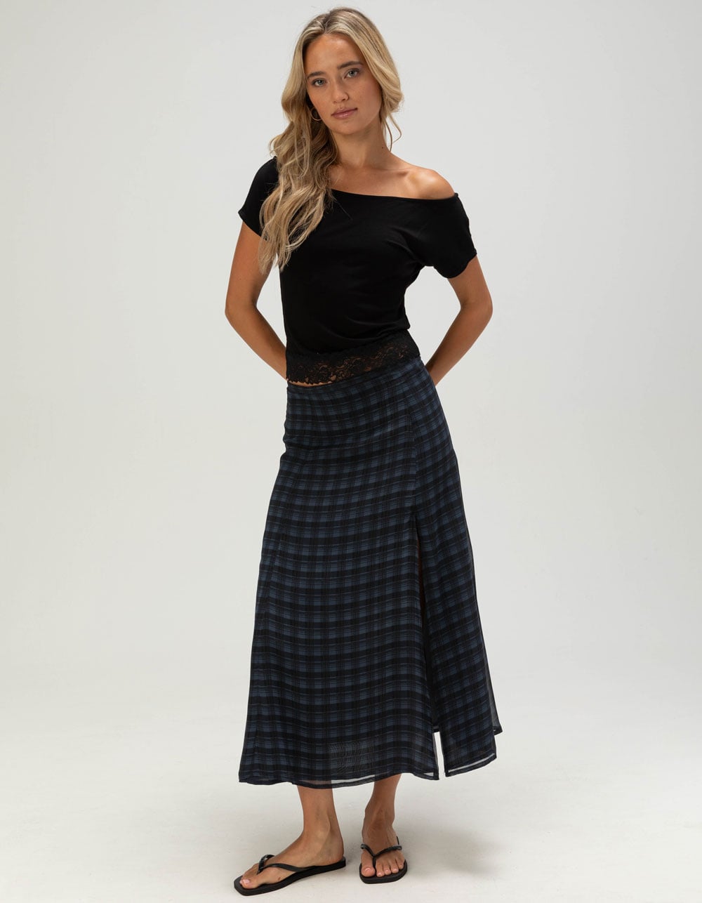 FULL TILT Womens Lace Trim Banded Bottom Off The Shoulder Top