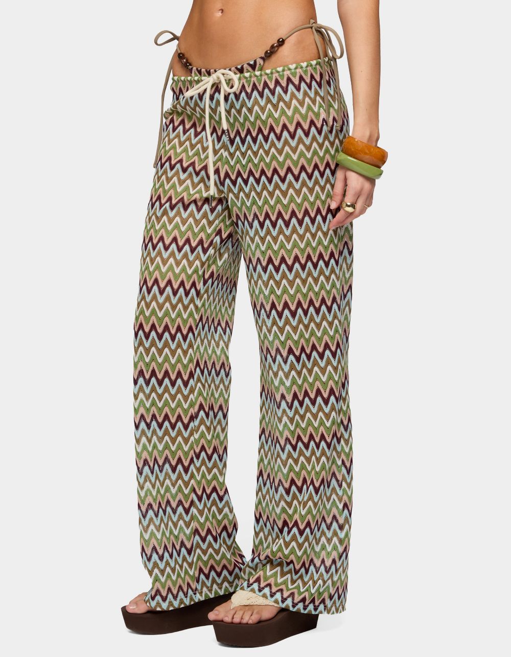 EDIKTED Mindee Zigzag Crochet Pants - DK GREEN