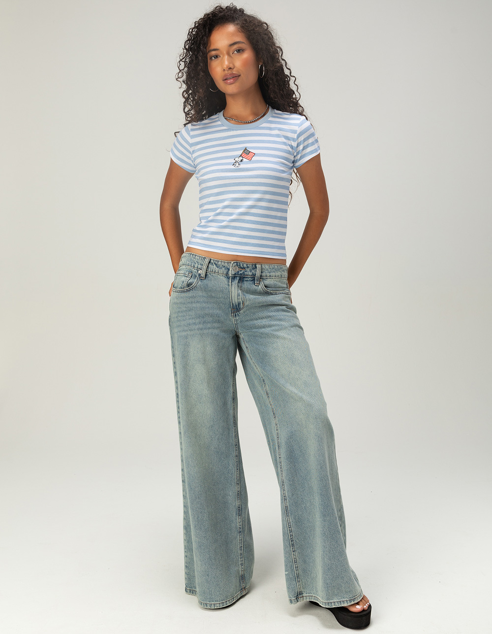 RSQ x Peanuts Womens STRIPE Baby Tee