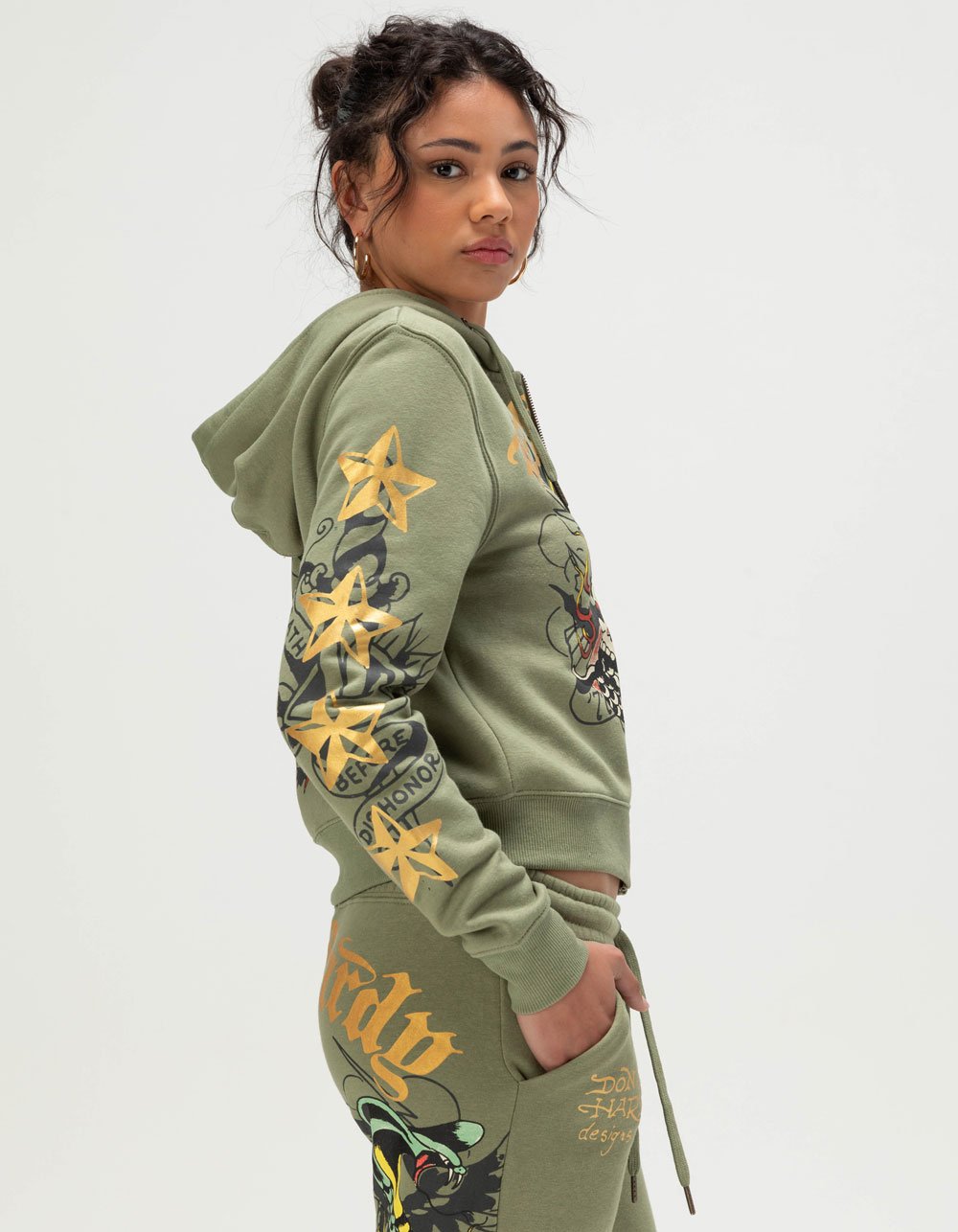 ED HARDY Cobra Flame Womens Zip-Up Hoodie - OLIVE