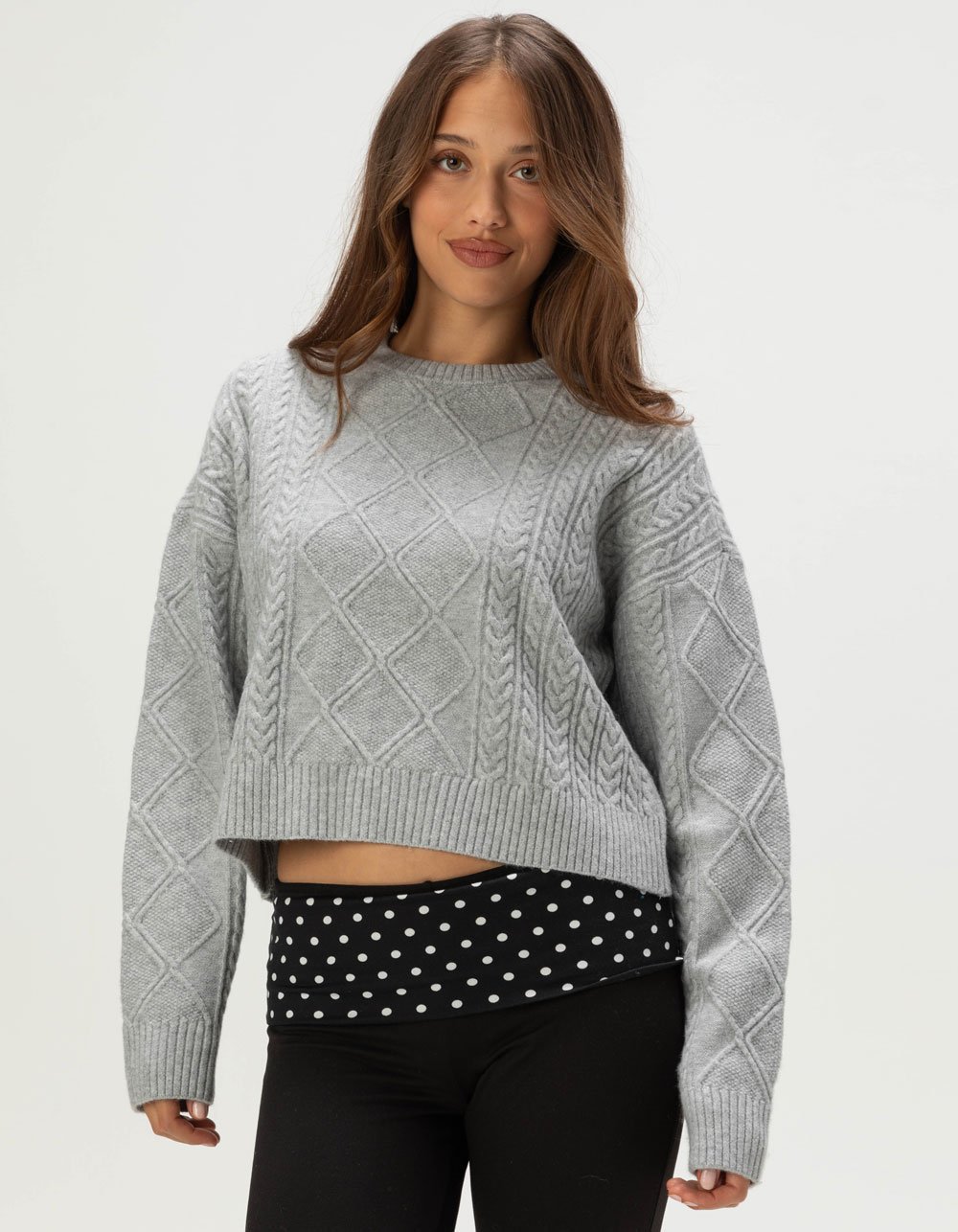 RSQ Womens Crop Cable Sweater - HEATHER GRAY