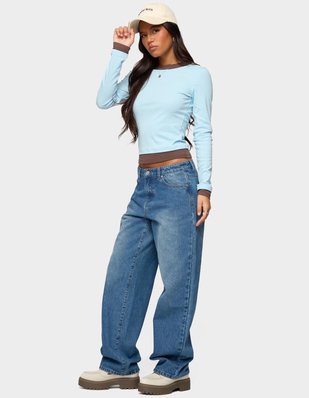 EDIKTED Contrast Layered Look Long Sleeve Tee - LIGHT BLUE