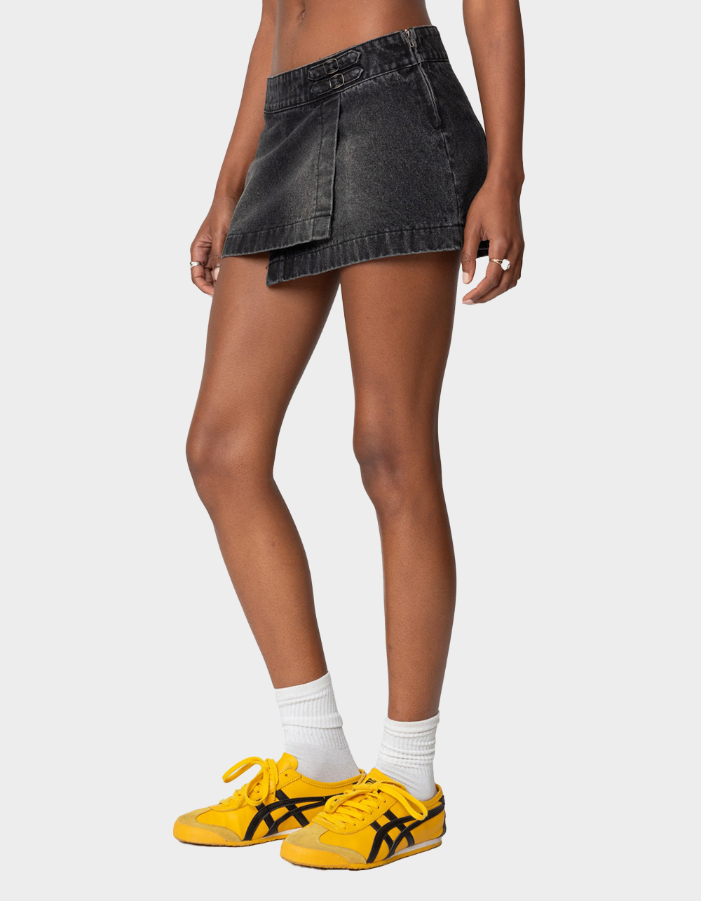 EDIKTED Asymmetric Denim Wrap Skort - BLACK