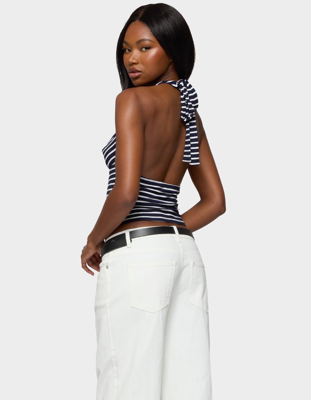 EDIKTED Striped Cowl Neck Halter Top - NAVY