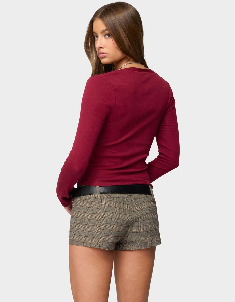 EDIKTED Charla V-Neck Button Up Top - DK RED