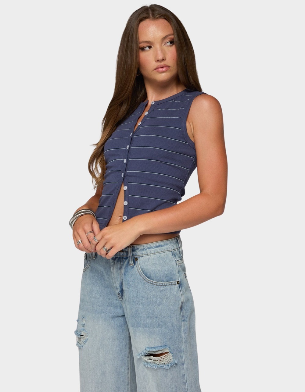 EDIKTED Brynne Striped Button Up Top - NAVY
