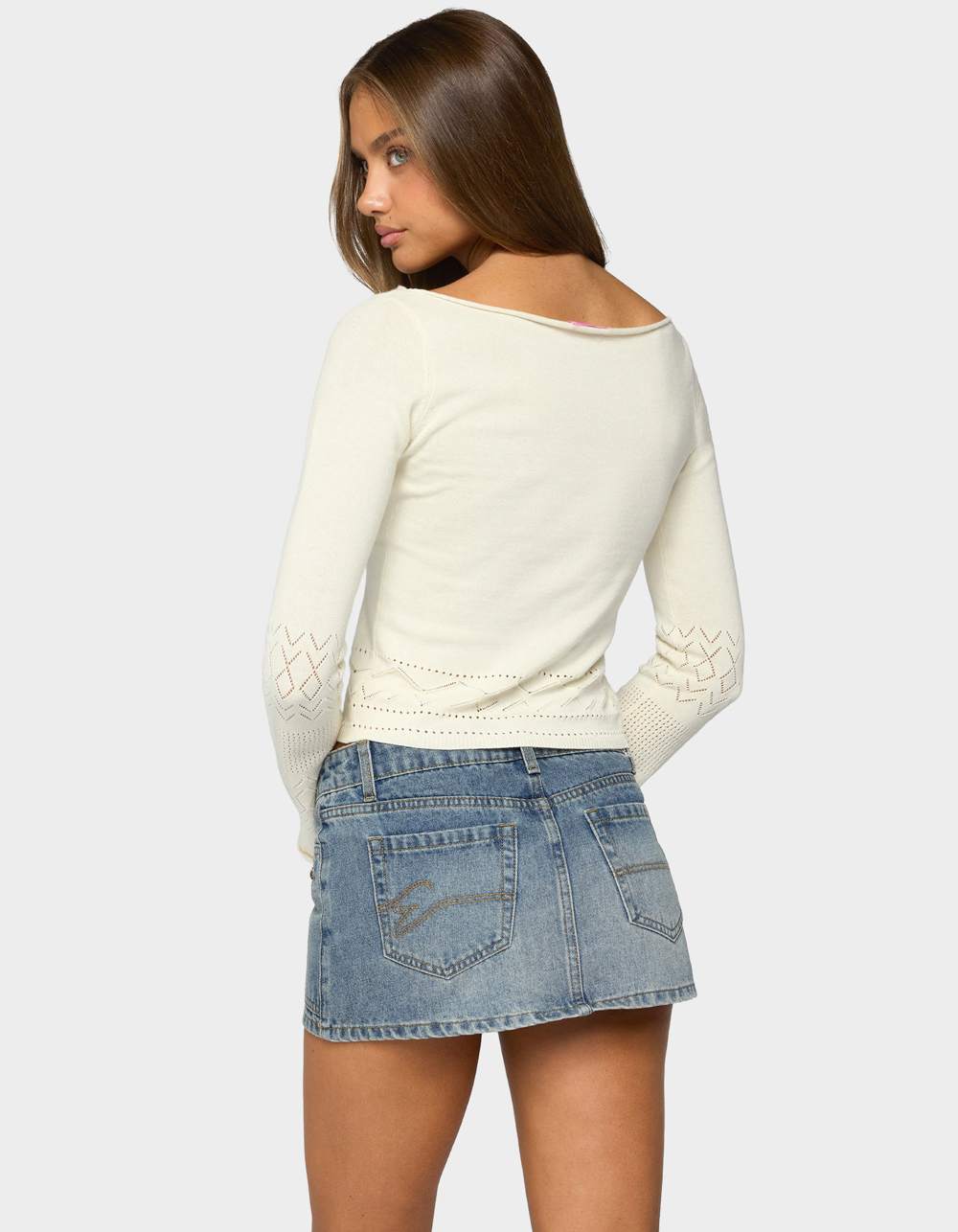 EDIKTED Maple Pointelle Knit Long Sleeve Top - BEIGE