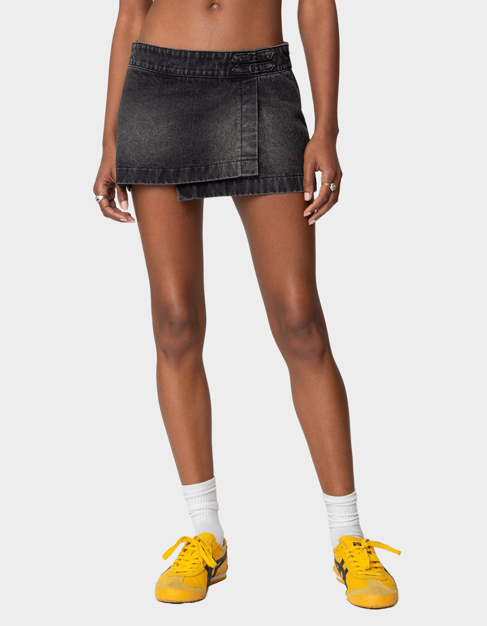 EDIKTED Asymmetric Denim Wrap Skort - BLACK