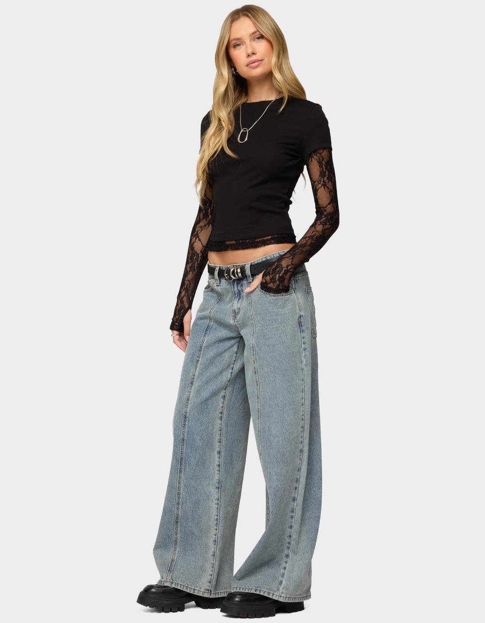 EDIKTED Layered Lace Sleeve Tee - BLACK