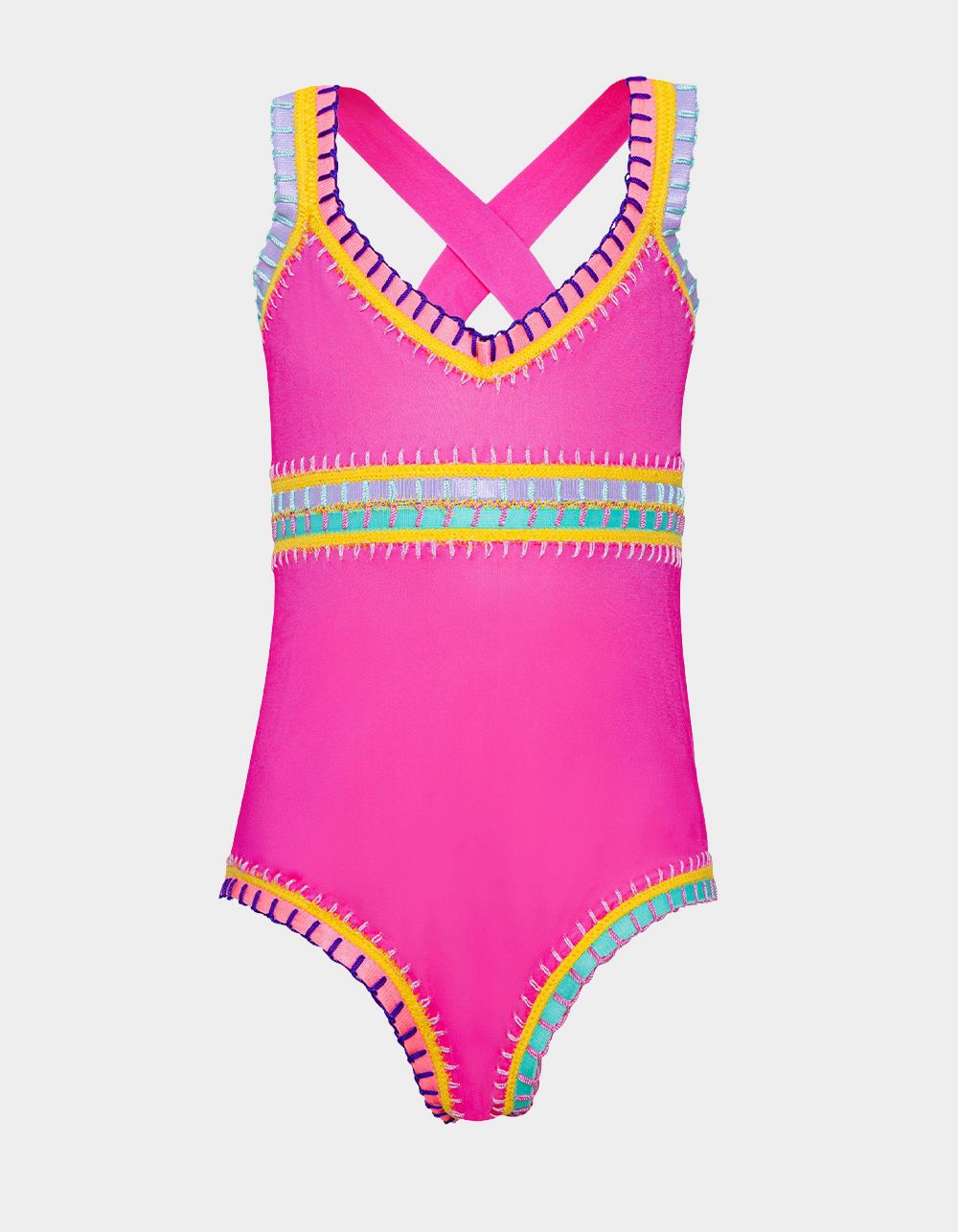 PQ SWIM Sadie Rainbow Embroidered Girls One Piece Swimsuit - PINK