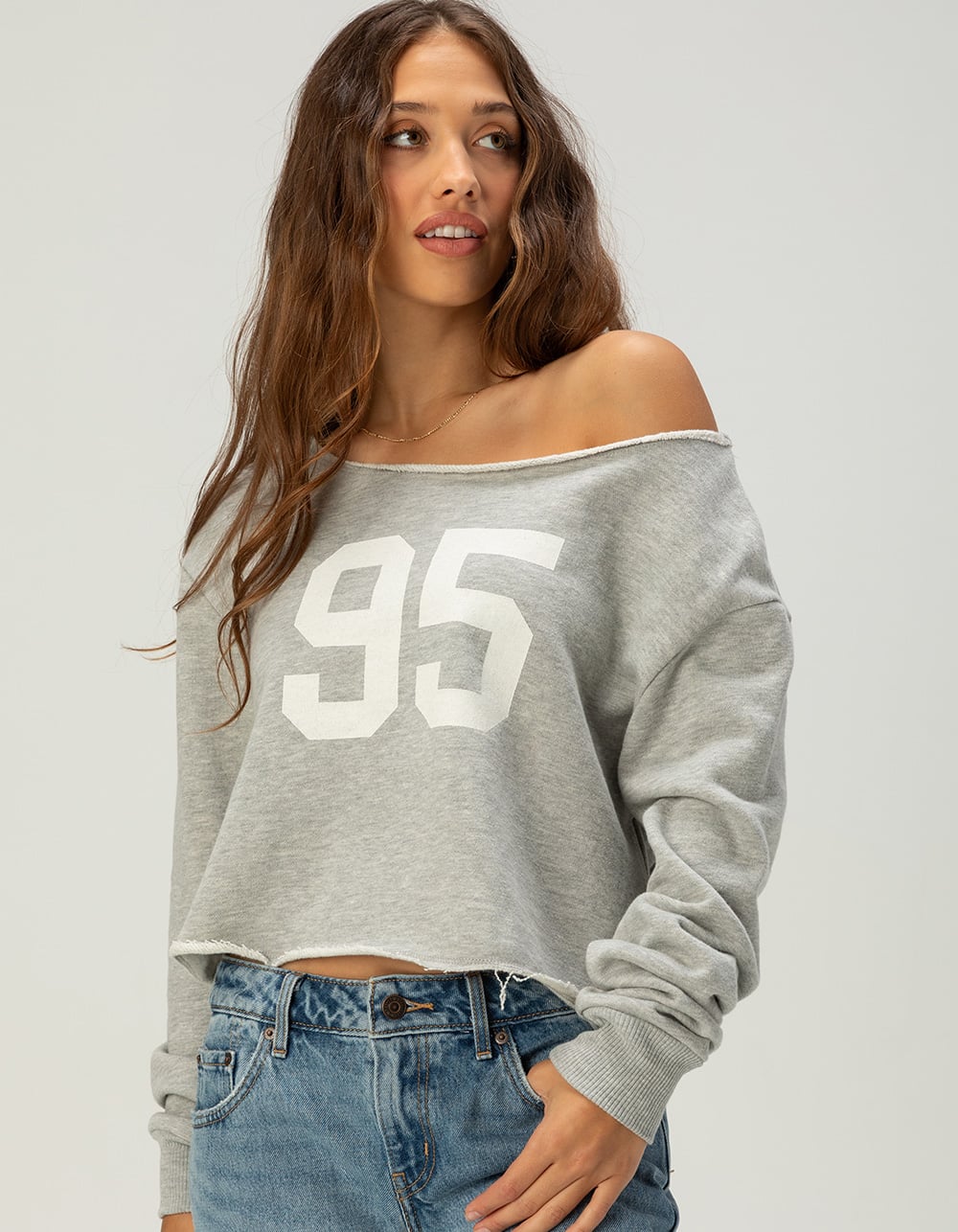 RSQ Womens 95 Crew Off The Shoulder Sweatshirt - HEATHER GRAY