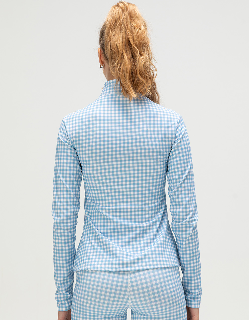 HAPPY CAMP3R Harper Sky Blue Gingham Womens Zip-Up Active Top - BLUE/WHT