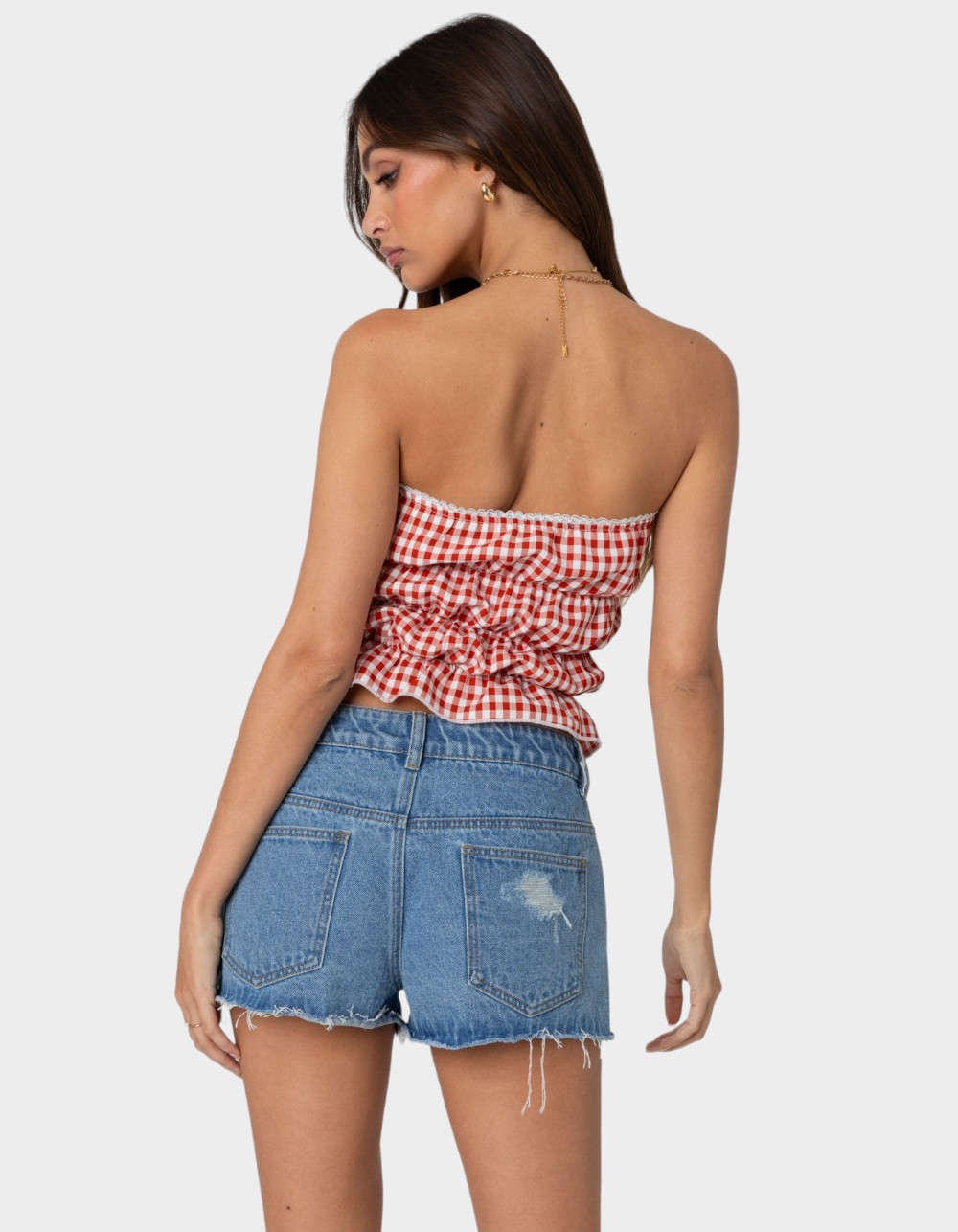 EDIKTED Lanna Gingham Elastic Scrunch Top - RED
