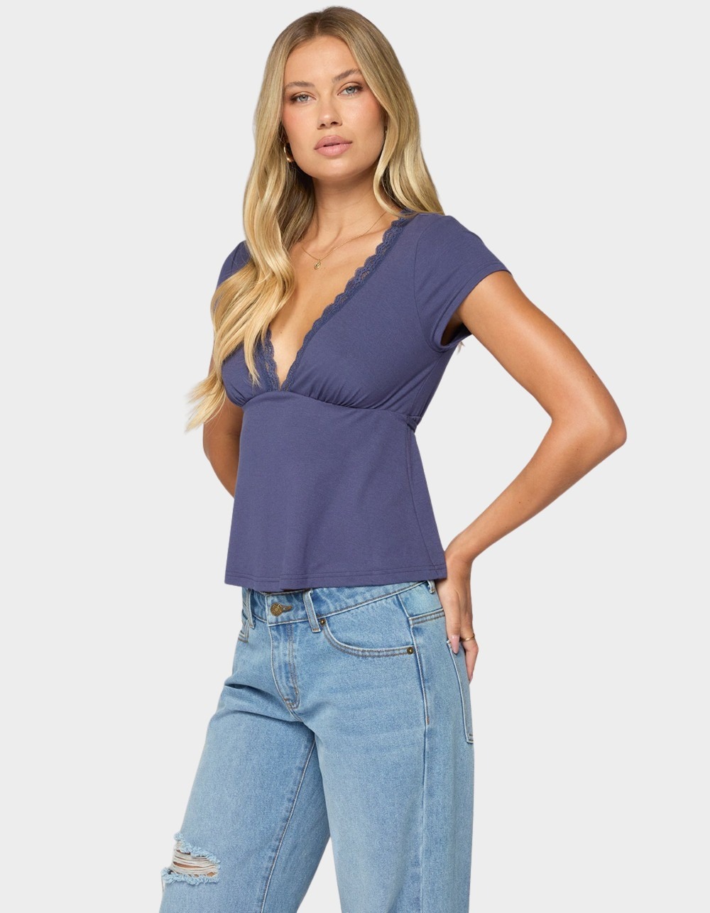 EDIKTED Palermo Lacey Babydoll Top - NAVY