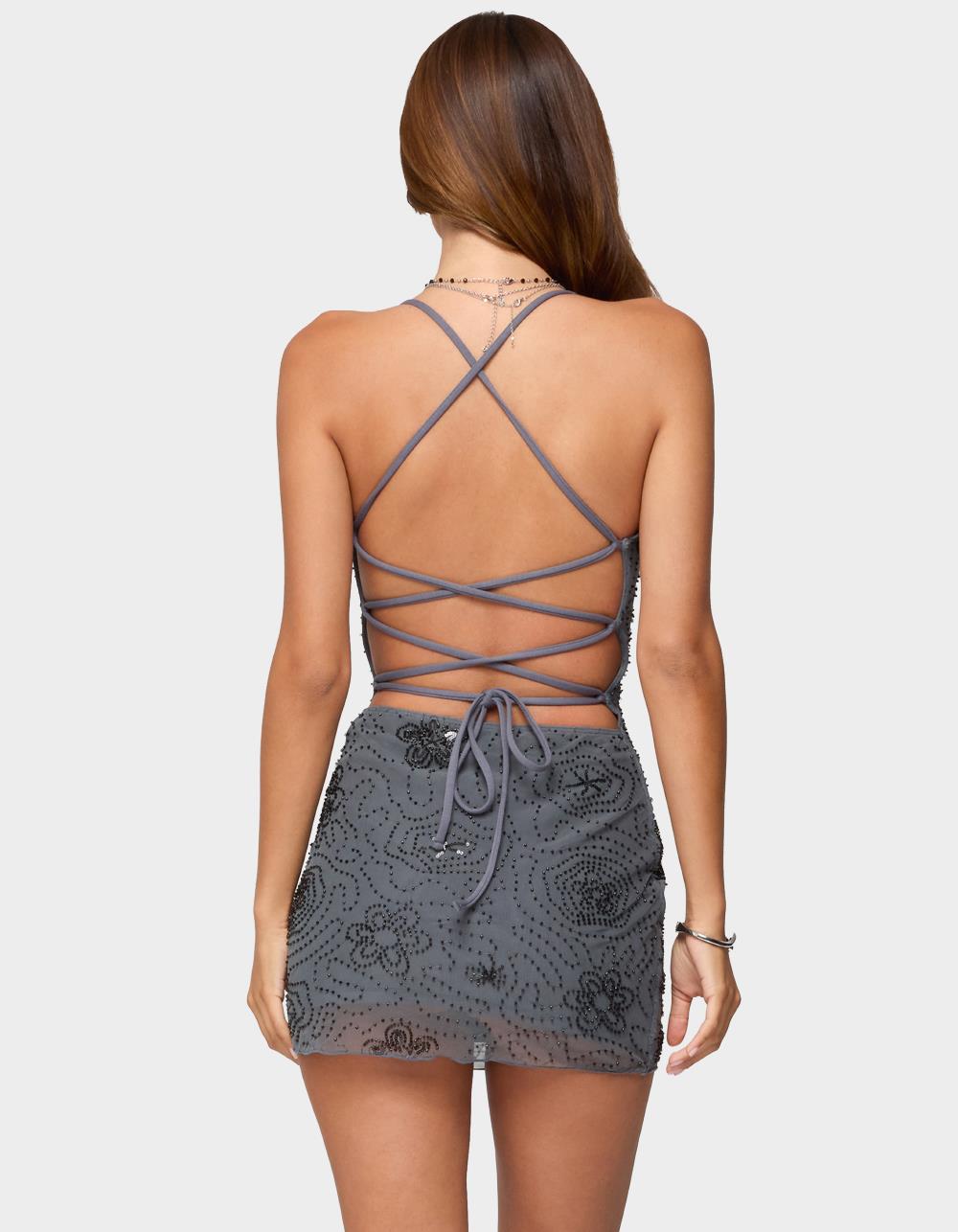 EDIKTED Kandy Backless Beaded Mini Dress - GRAY