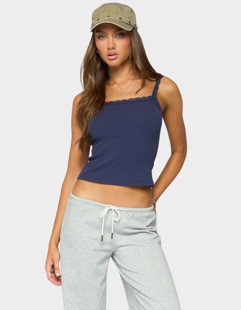 EDIKTED Luschia Lacey Tank Top - NAVY