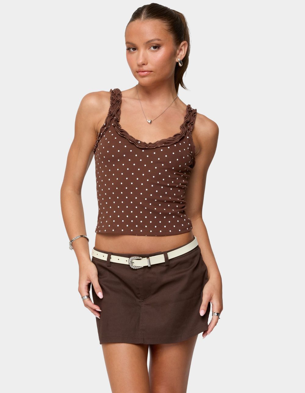 EDIKTED Pippin Ruffle Polka Dot Tank Top - BROWN
