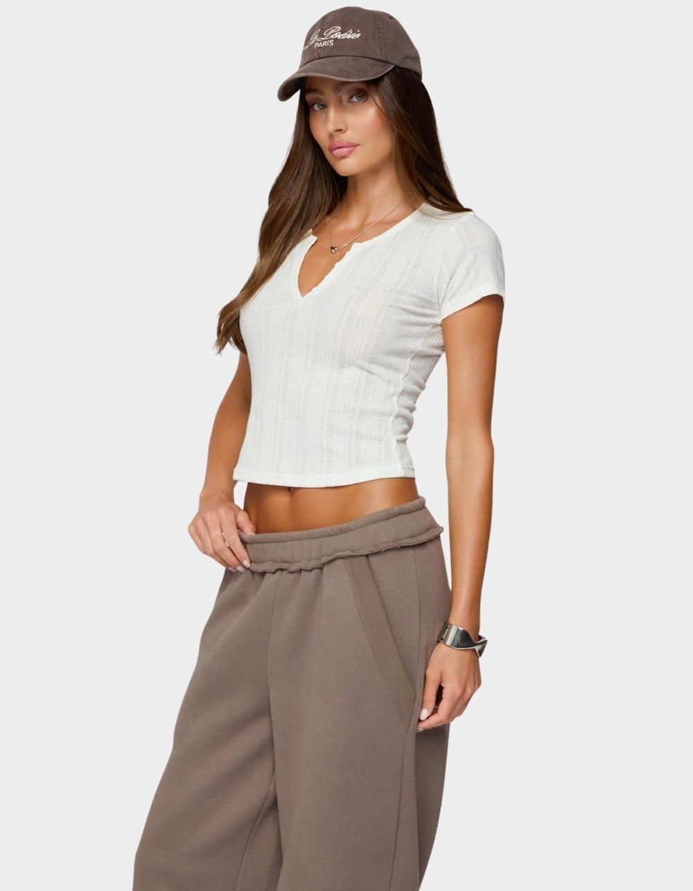 EDIKTED Semi Sheer Ribbed V-Neck Tee - WHITE