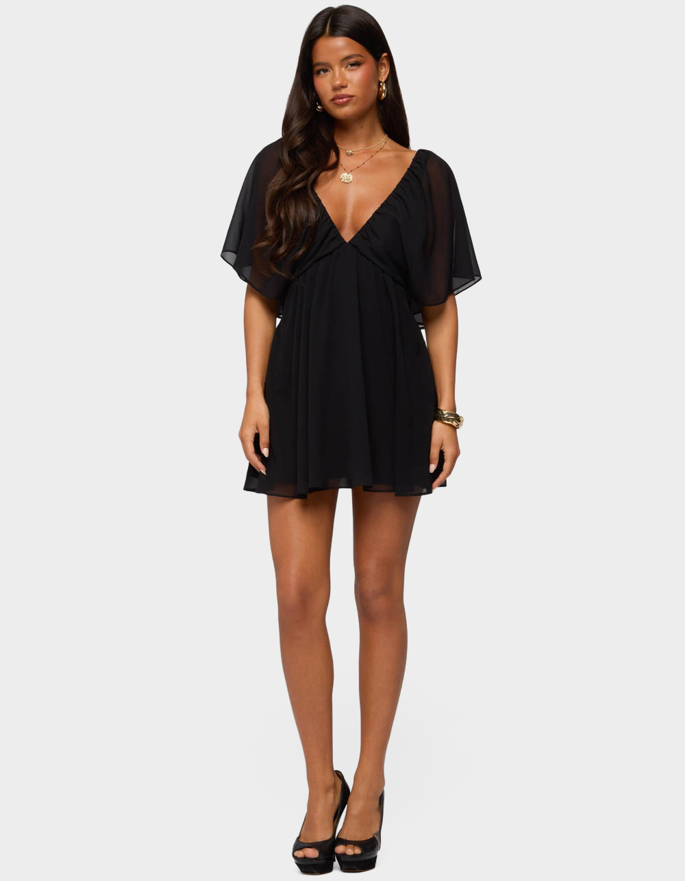 EDIKTED Rosalee Chiffon Babydoll Mini Dress - BLACK