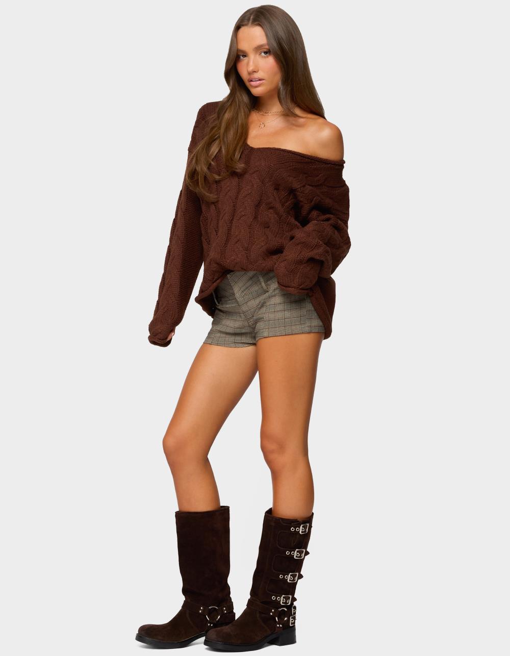 EDIKTED Ayvey Plaid Tailored Micro Shorts - BROWN