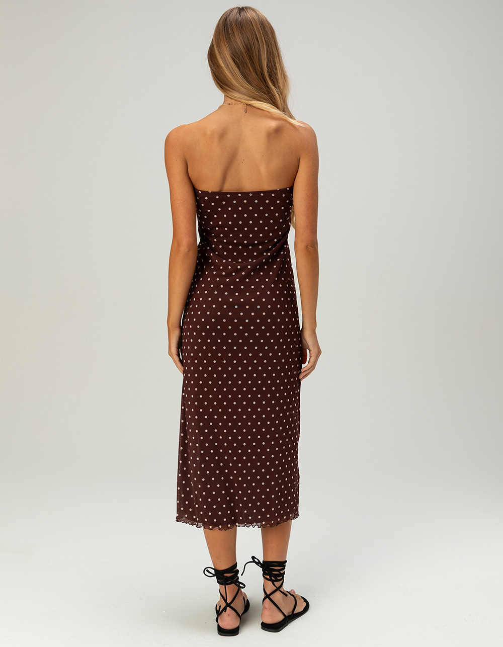 RSQ Womens Polka Dot Mesh Tube Midi Dress - BROWN/WHITE