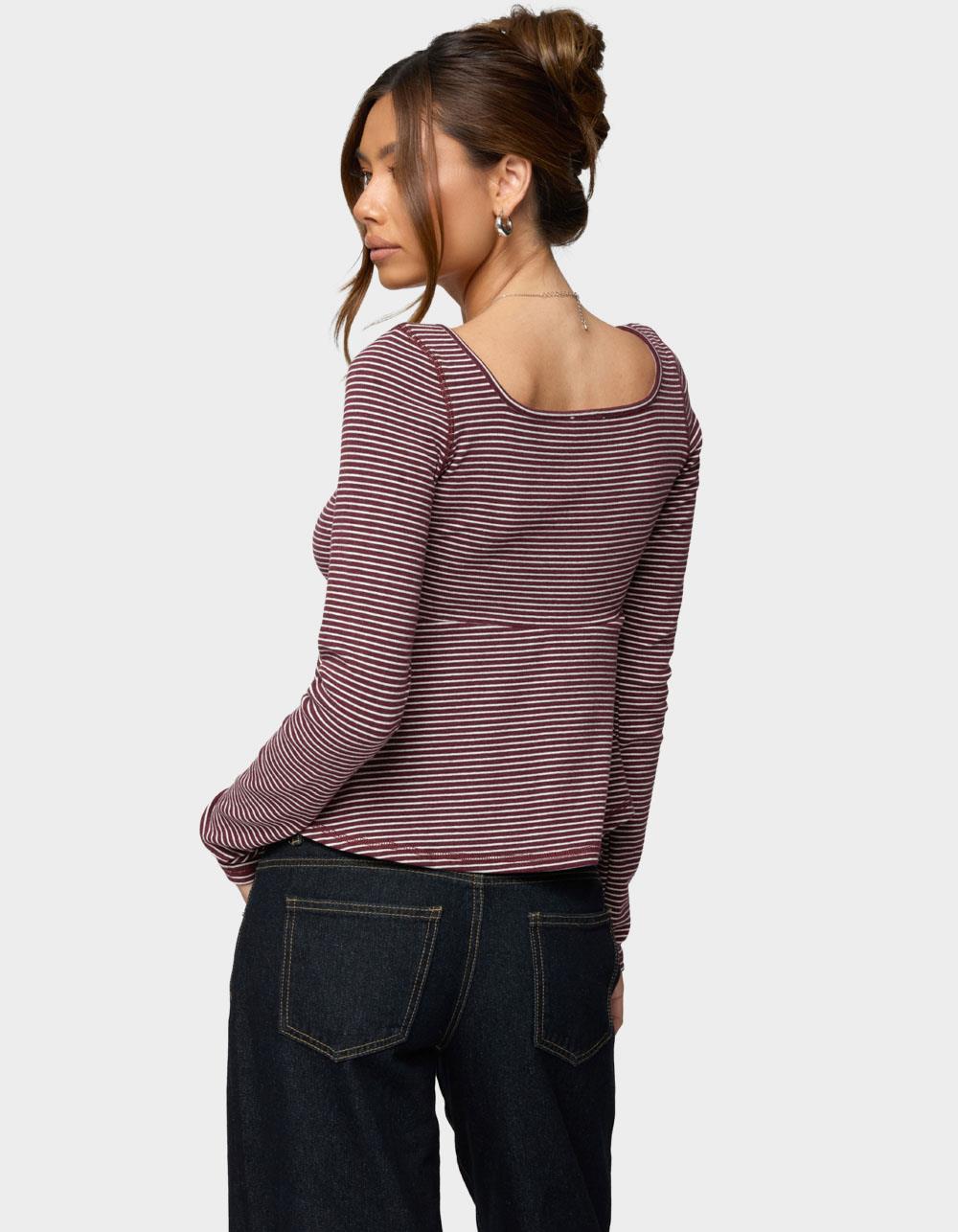 EDIKTED Sare Striped Babydoll Henley Top - DK RED