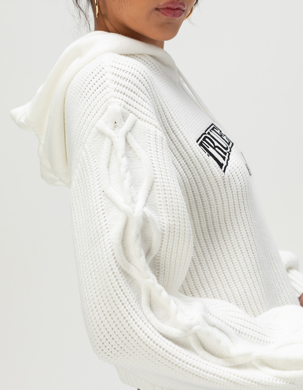 TRUE RELIGION Embroidered Ribbed Womens Hoodie - CREAM