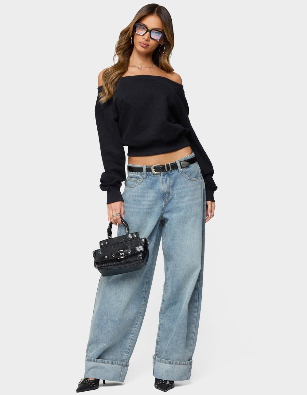 EDIKTED Christy Off Shoulder Sweatshirt - BLACK