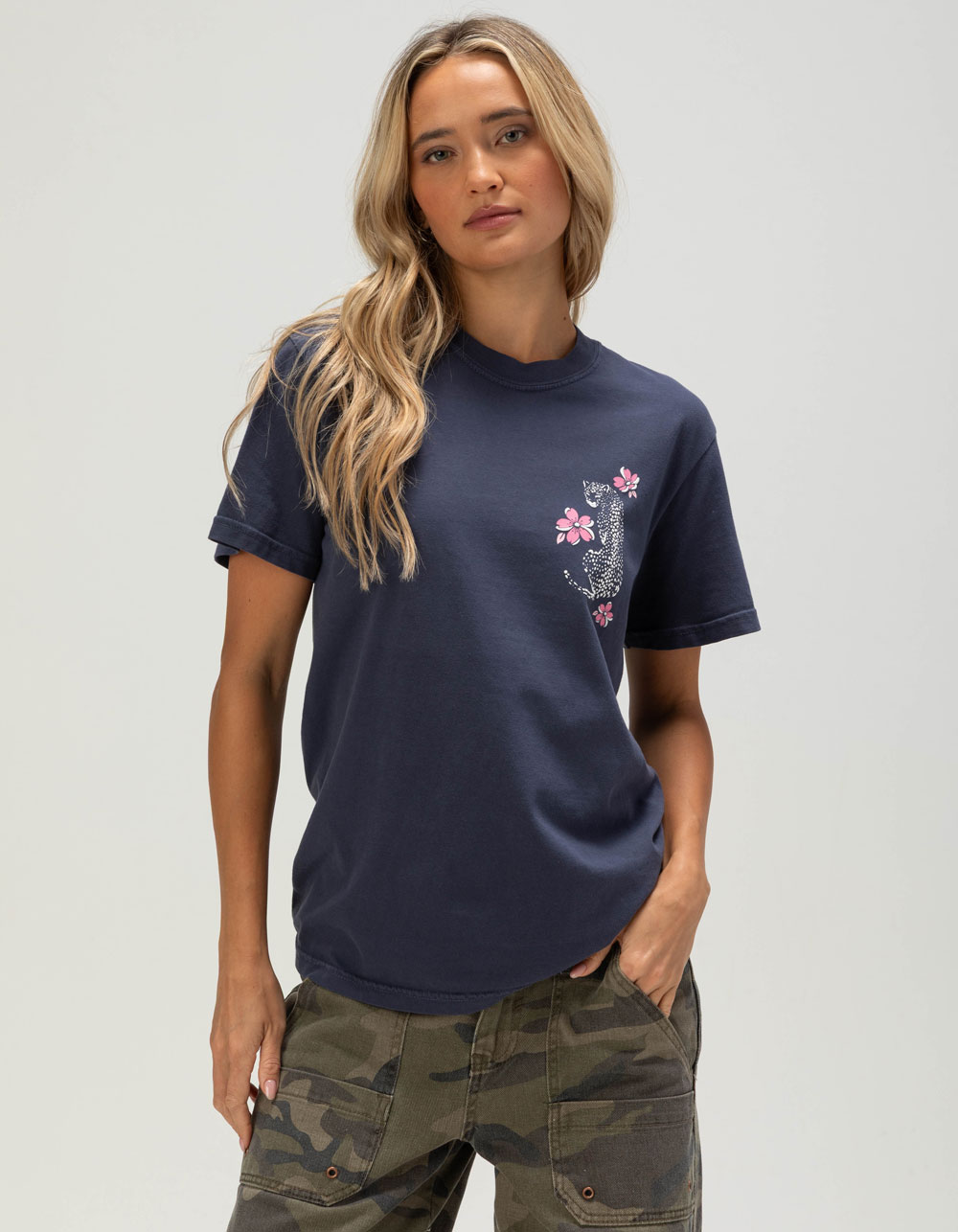 RIOT SOCIETY Cheetah Blossom Womens Tee - NAVY