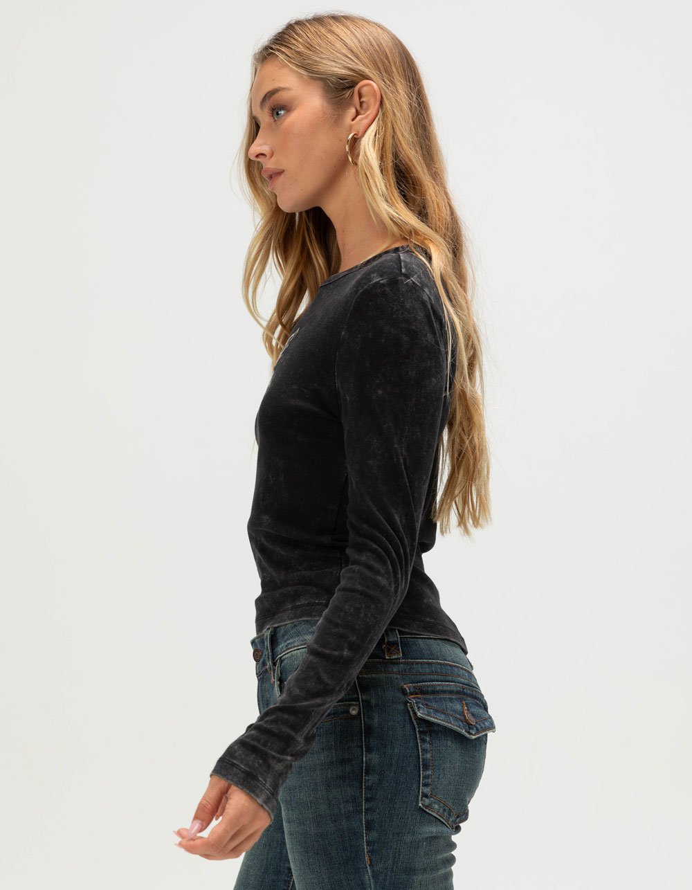 FULL TILT Chrome Butterfly Womens Long Sleeve Baby Tee - BLACK