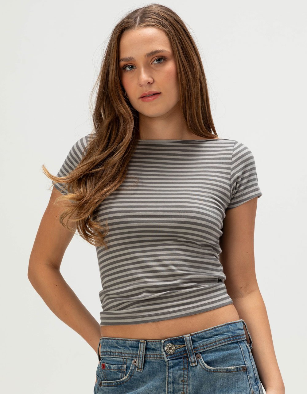 BDG Urban Outfitters Womens Stripe Boat Neck Tee - GRAY COMBO