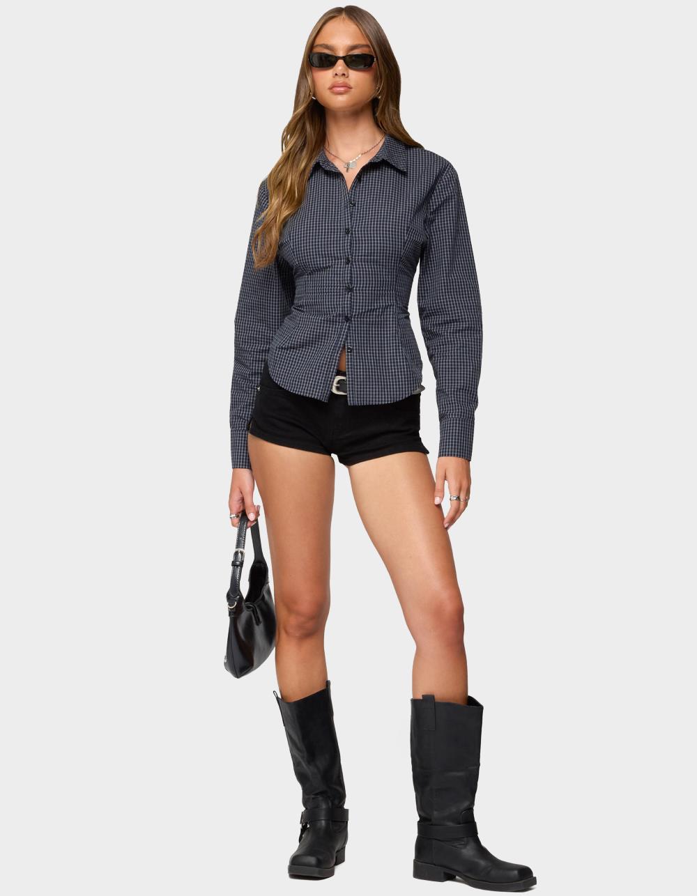 EDIKTED Lisbet Checkered Button Up Shirt - NAVY