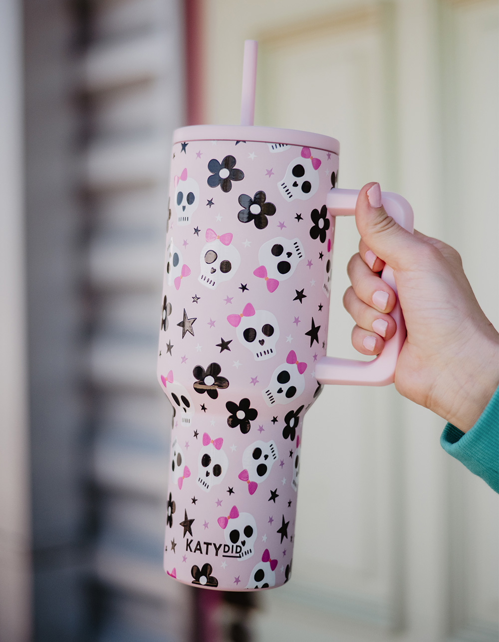 KATYDID Skull Flower Bow 38 oz Tumbler - LIGHT PINK
