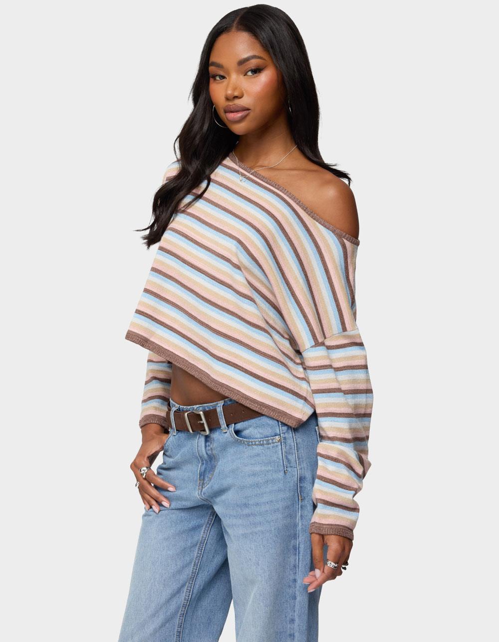 EDIKTED Alexis Off Shoulder Striped Knit Top - BLACK