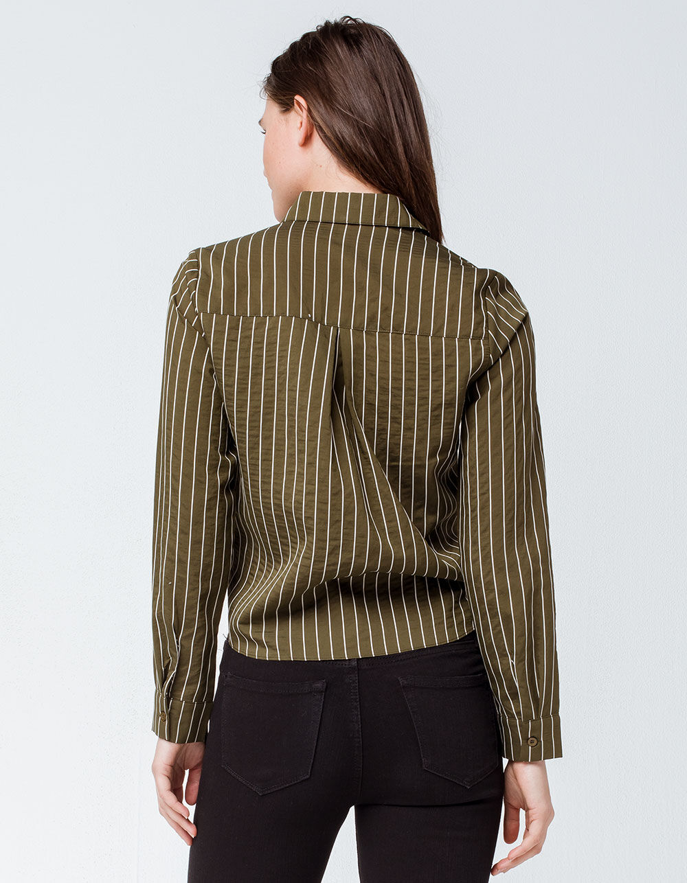 SKY AND SPARROW Stripe Button Olive Womens Tie Front Top - OLIVE | Tillys