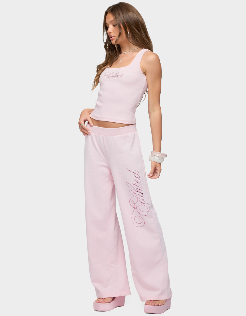 Edikted Studio Rhinestone Ribbed Tank Top - LIGHT PINK