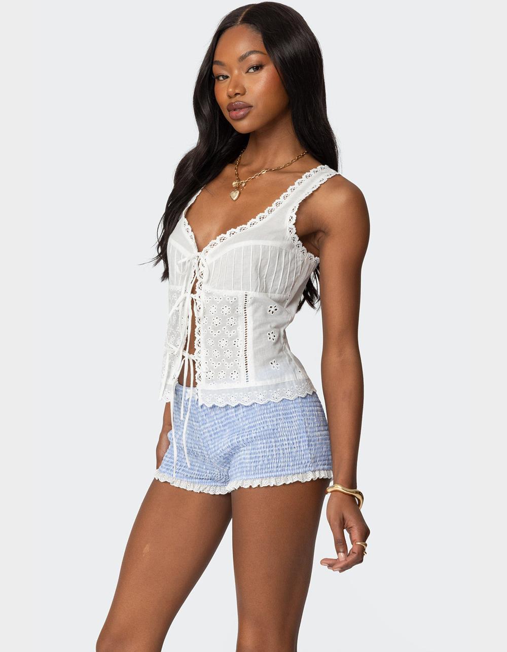 EDIKTED Fiore Eyelet Tie Front Top - WHITE