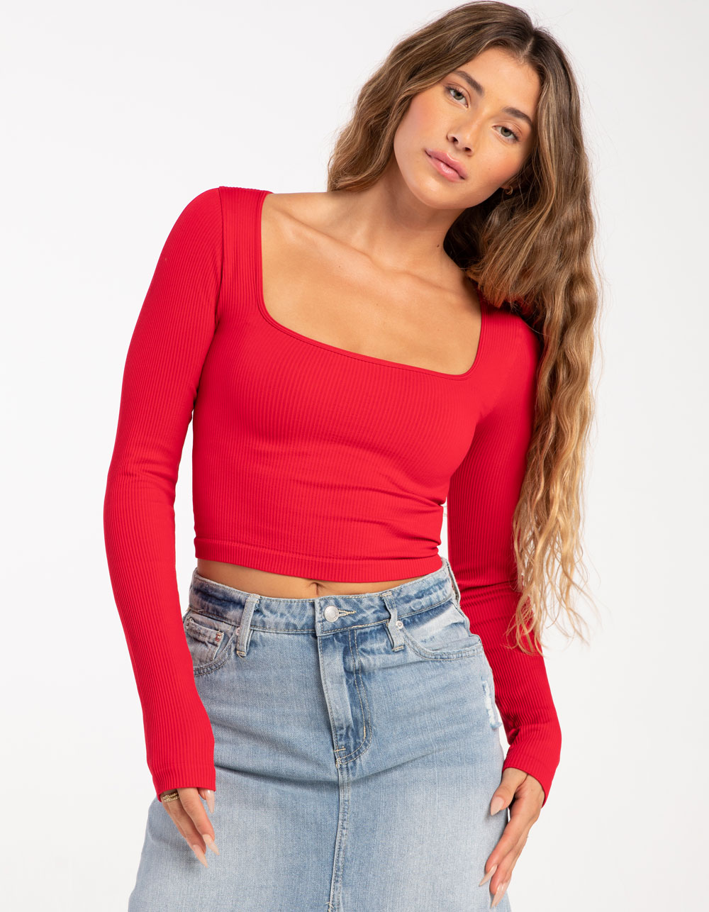 FULL TILT Seamless Square Neck Womens Crop Long Sleeve Top - RED