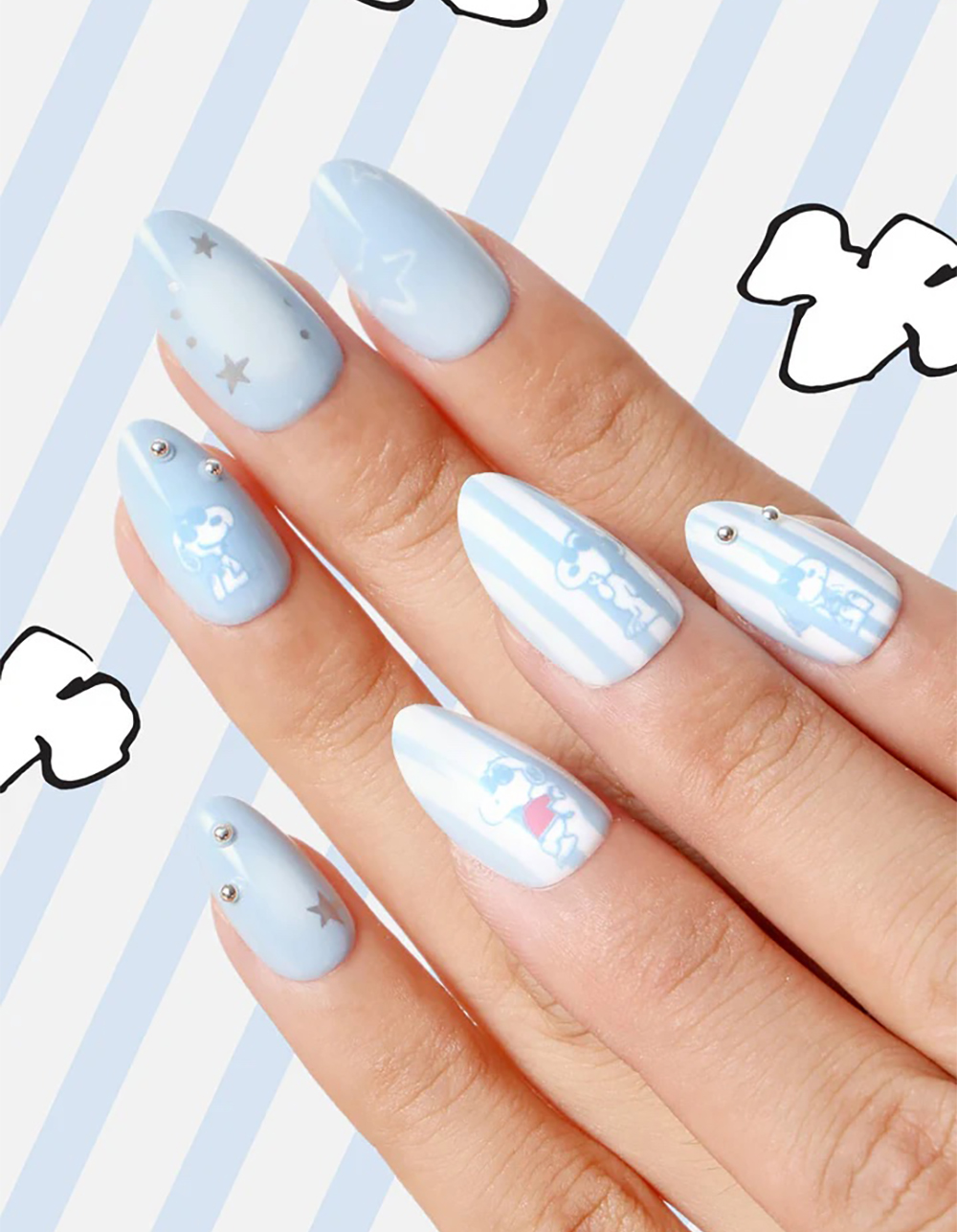 NEVER HAVE I EVER Stripes N Snoopy Short Almond Press-On Nails - BLUE