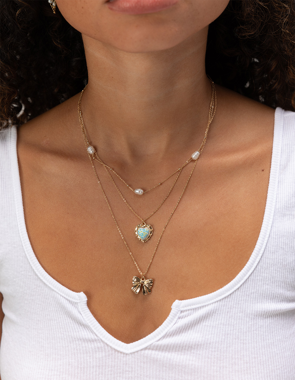 FULL TILT Layered Bow/Heart Charm Necklace - GOLD