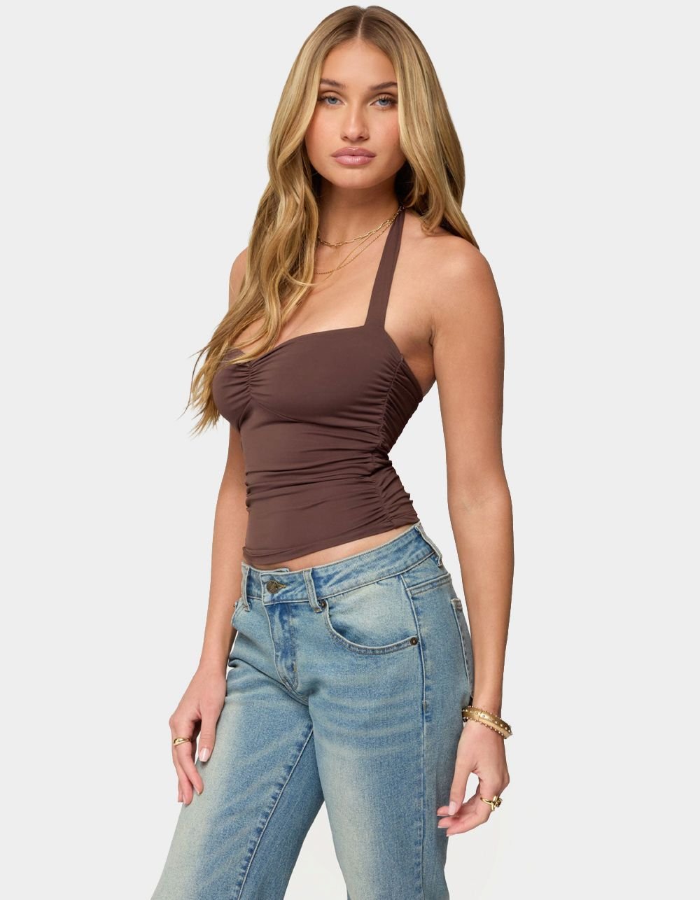 EDIKTED Anael Ruched Halter Top - BROWN
