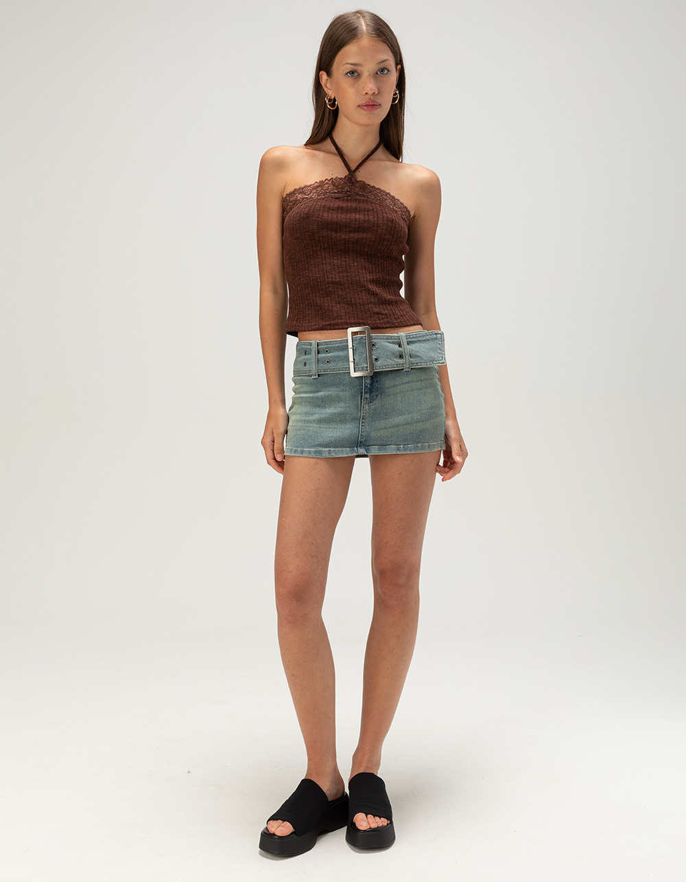 WEST OF MELROSE Womens Belted Micro Skort - MEDIUM WASH