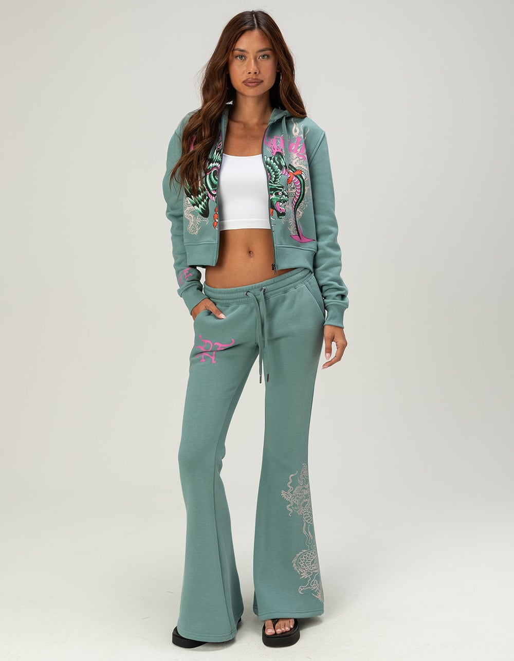 ED HARDY Panther Wings Womens Zip-Up Hoodie - SEAFOAM