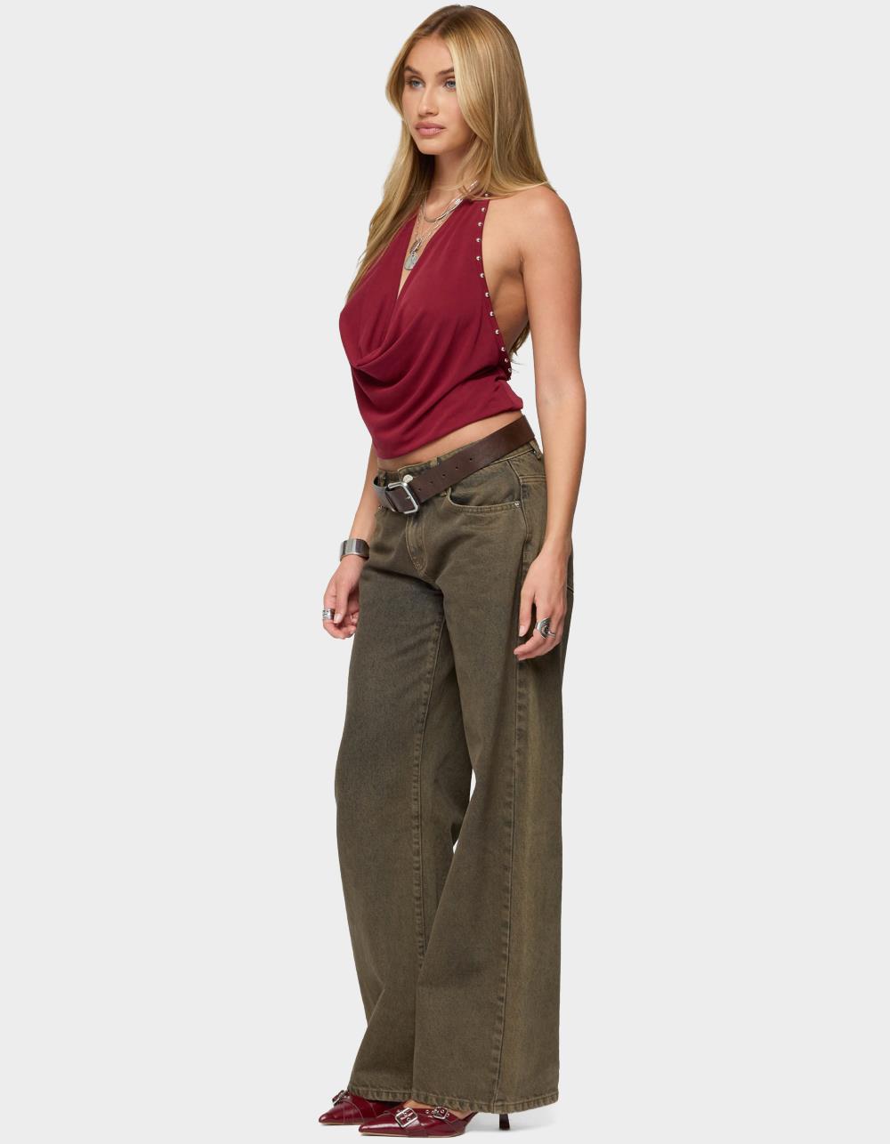 EDIKTED Irina Stud Cowl Neck Halter Top - DK RED