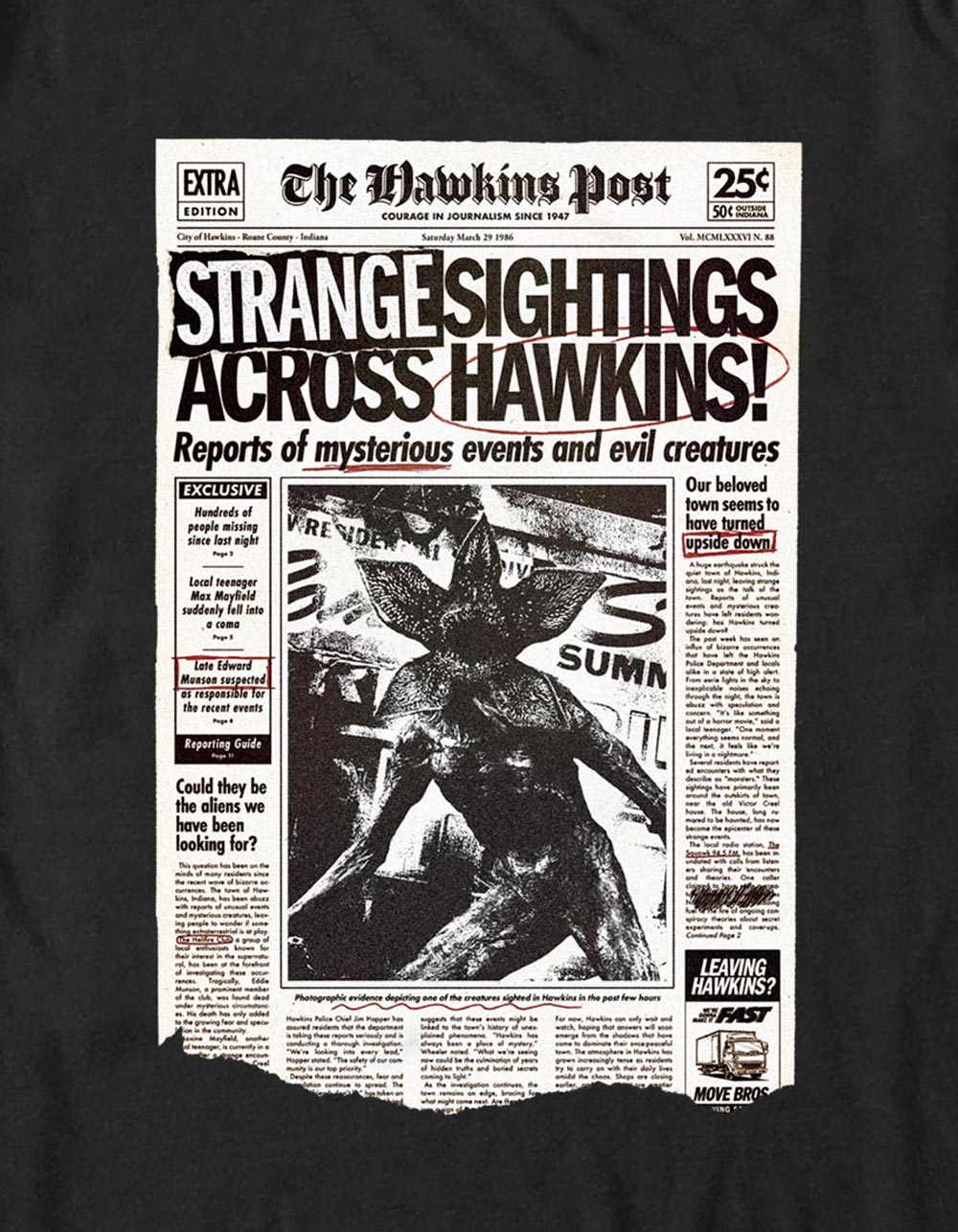STRANGER THINGS Strange Sightings Across Hawkins Unisex Tee - BLACK