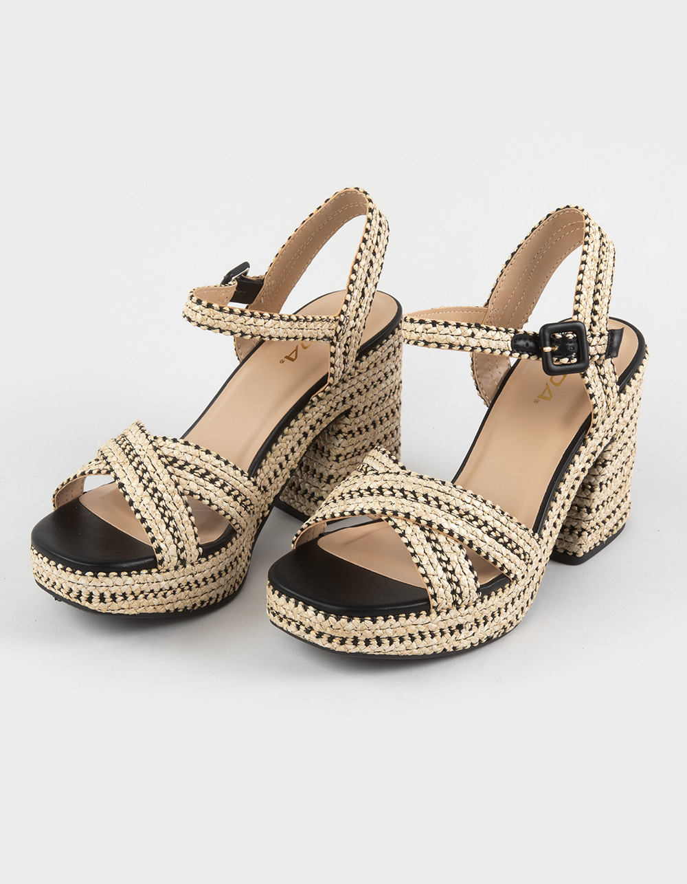 SODA Yara Raffia Womens Cross Strap Platform Heels - BLACK